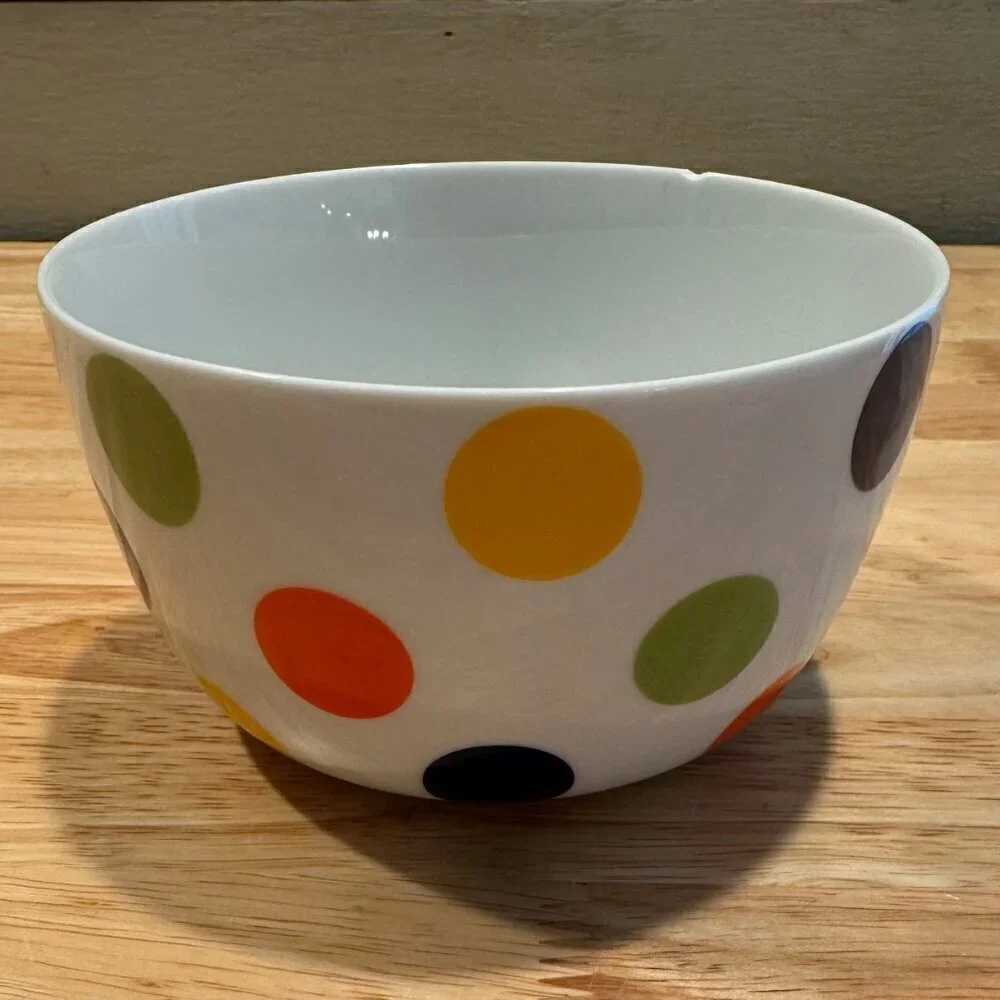 CRATE AND BARREL Multicolored Polka Dots On White Coffee/Tea Mugs 3 & Bowls 2  *